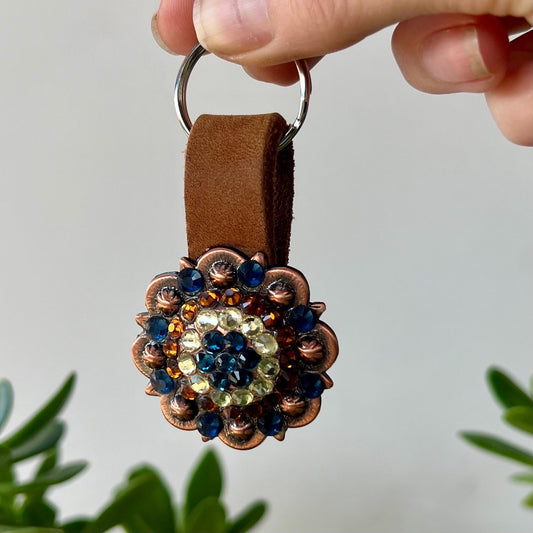 Western Leather Keychain Equestrian Cowgirl Gift Reclaimed Leather Goods Blue White Orange Rhinestone Keyring