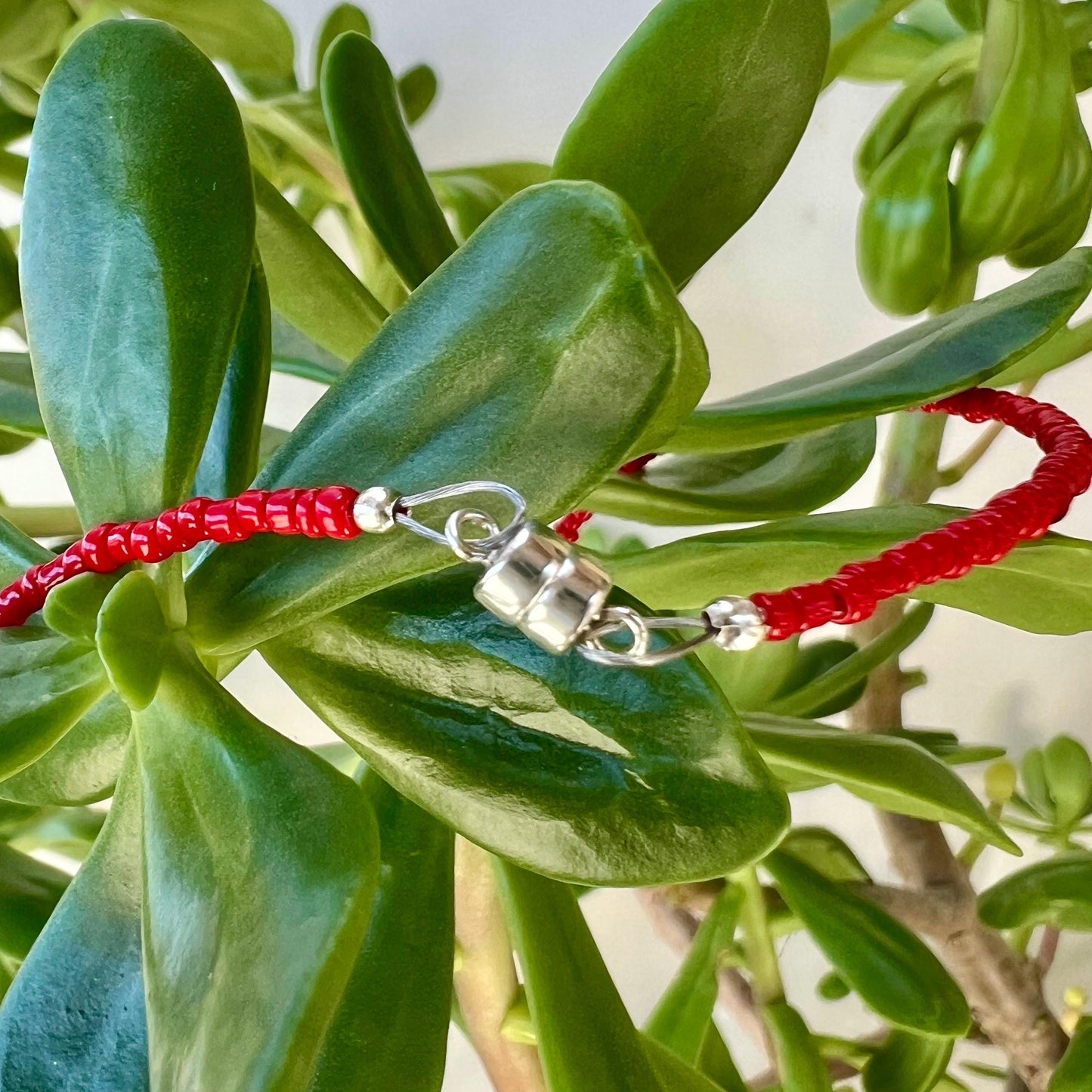 Boho Choker Necklace Sterling Silver Magnetic Clasp Eclectic Minimalist Design Red Seed Beads w/ Teal Glass Statement Bead