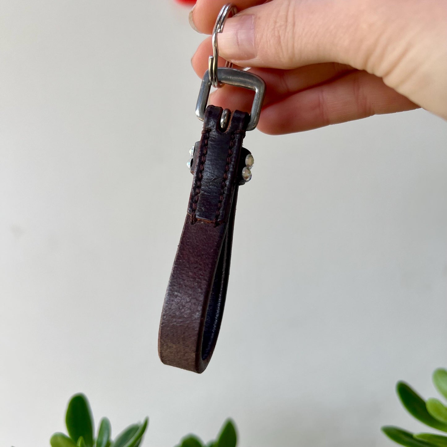 Leather Keychain Equestrian Gift Cowgirl Western Reclaimed Leather Goods Blue White Rhinestone Keyring