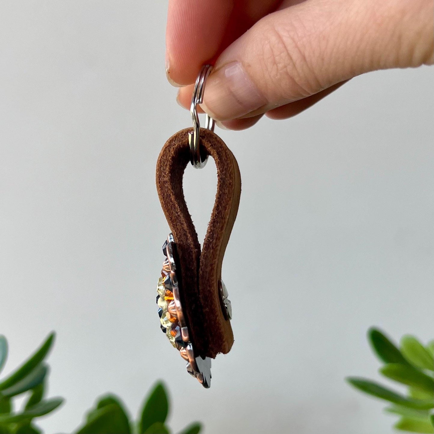 Western Leather Keychain Equestrian Cowgirl Gift Reclaimed Leather Goods Blue White Orange Rhinestone Keyring