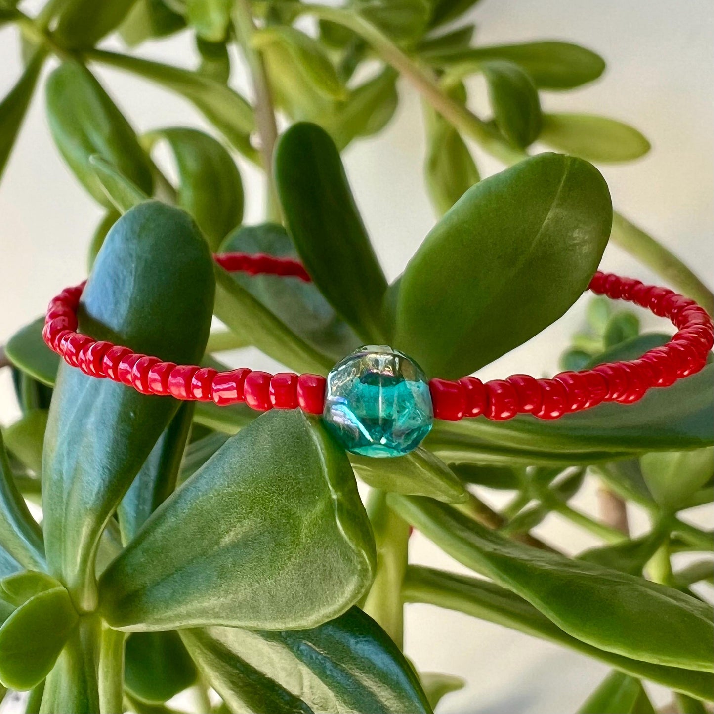 Boho Choker Necklace Sterling Silver Magnetic Clasp Eclectic Minimalist Design Red Seed Beads w/ Teal Glass Statement Bead