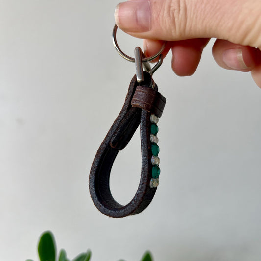 Leather Keychain Equestrian Gift Cowgirl Western Reclaimed Leather Goods Teal White Rhinestone Keyring