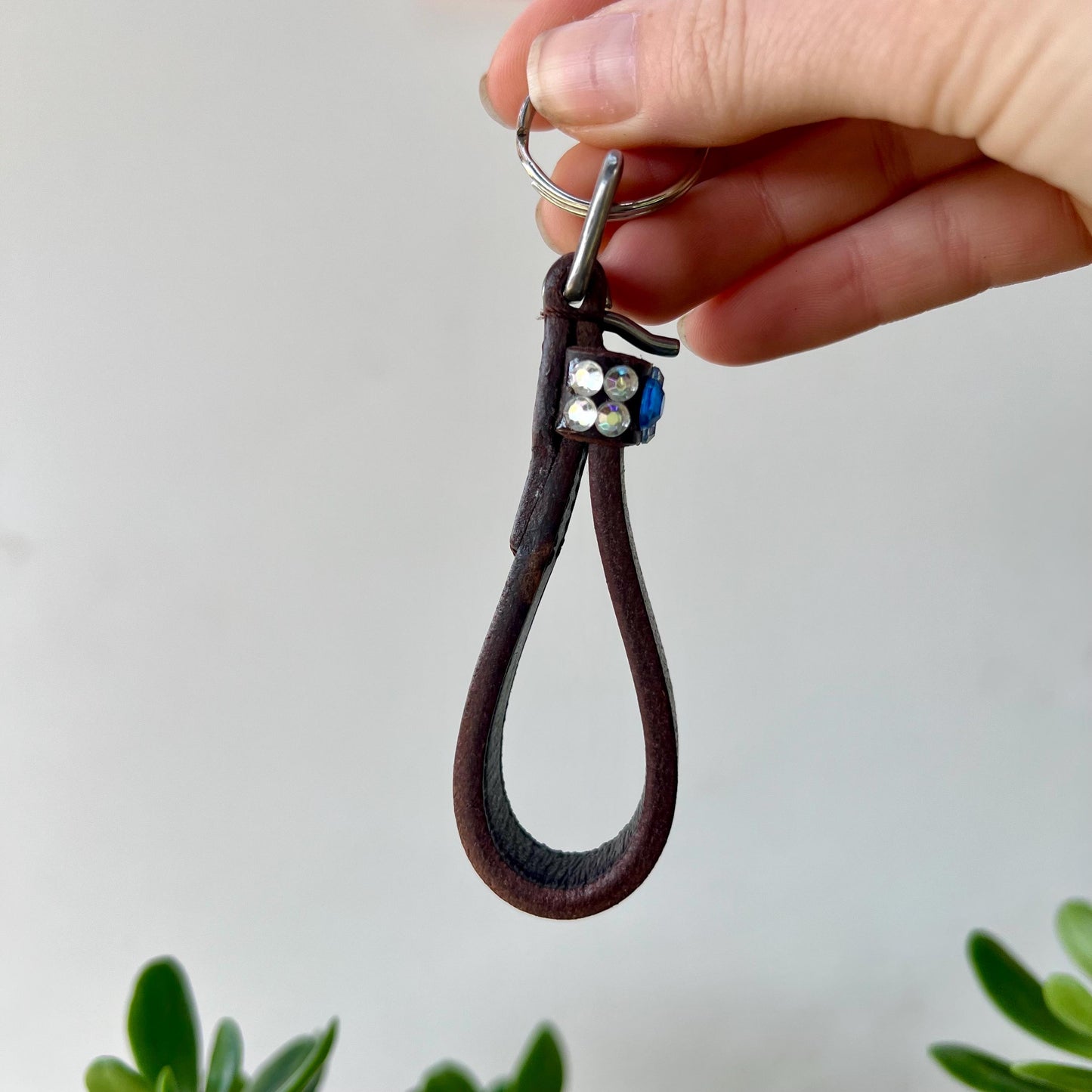Leather Keychain Equestrian Gift Cowgirl Western Reclaimed Leather Goods Blue White Rhinestone Keyring