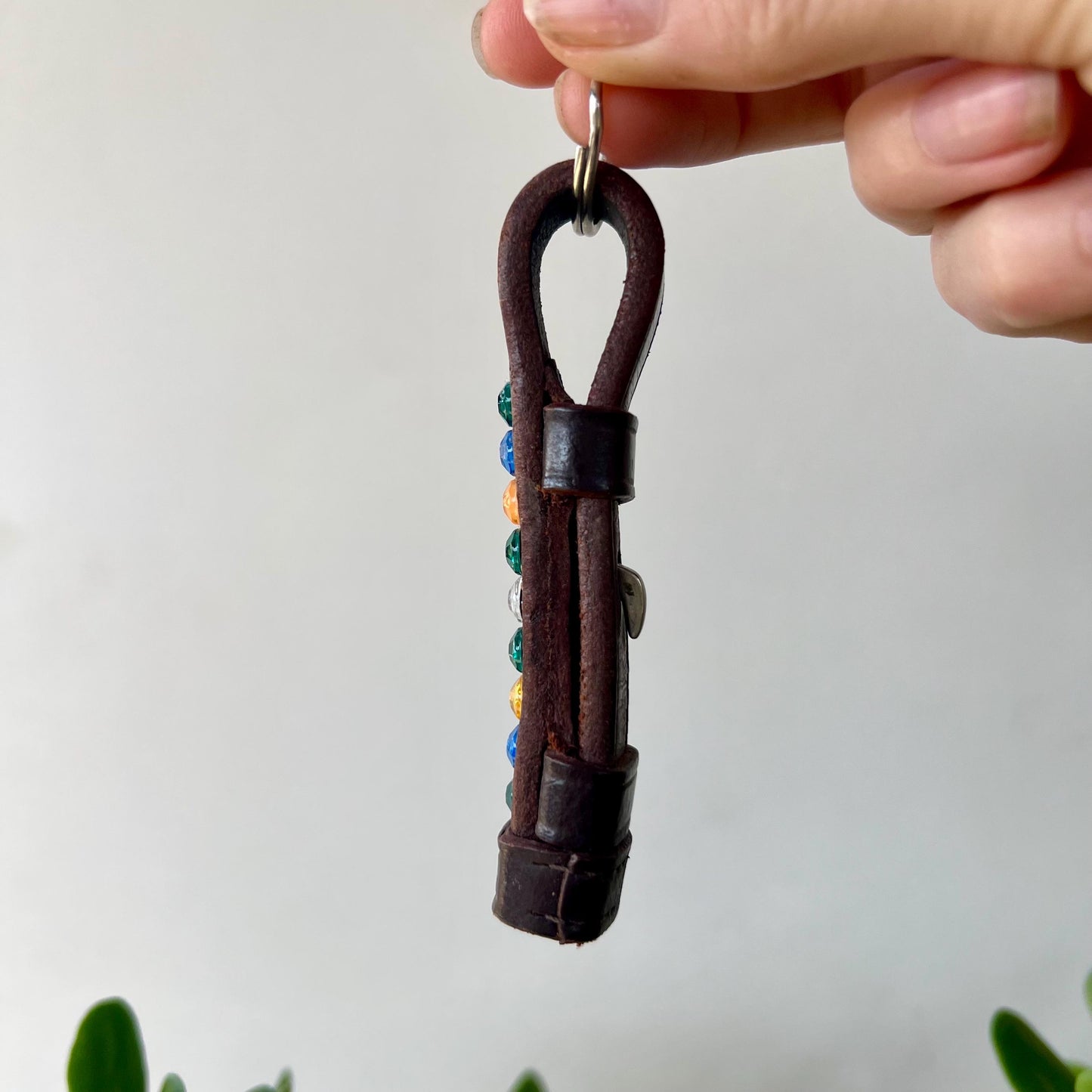 Leather Keychain Equestrian Gift Cowgirl Western English Reclaimed Leather Goods Blue Green Orange White Rhinestone Keyring