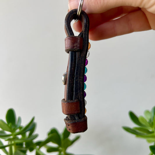 Leather Keychain Equestrian Gift Cowgirl Western English Reclaimed Leather Goods Peach Purple Aqua White Rhinestone Keyring