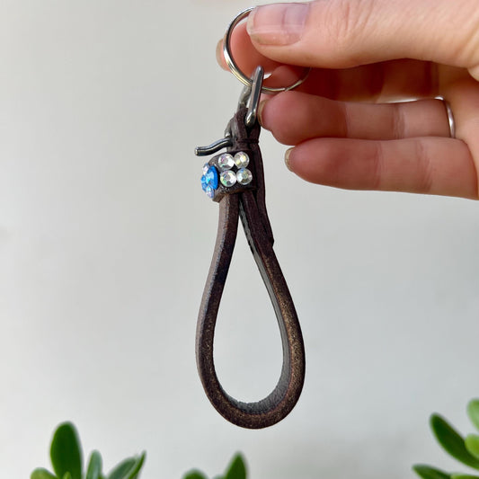 Leather Keychain Equestrian Gift Cowgirl Western Reclaimed Leather Goods Blue White Rhinestone Keyring