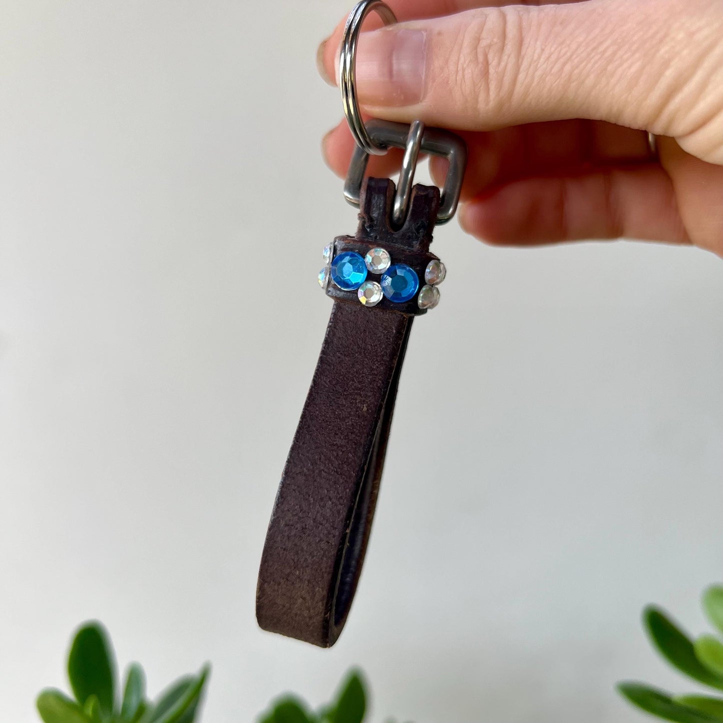 Leather Keychain Equestrian Gift Cowgirl Western Reclaimed Leather Goods Blue White Rhinestone Keyring