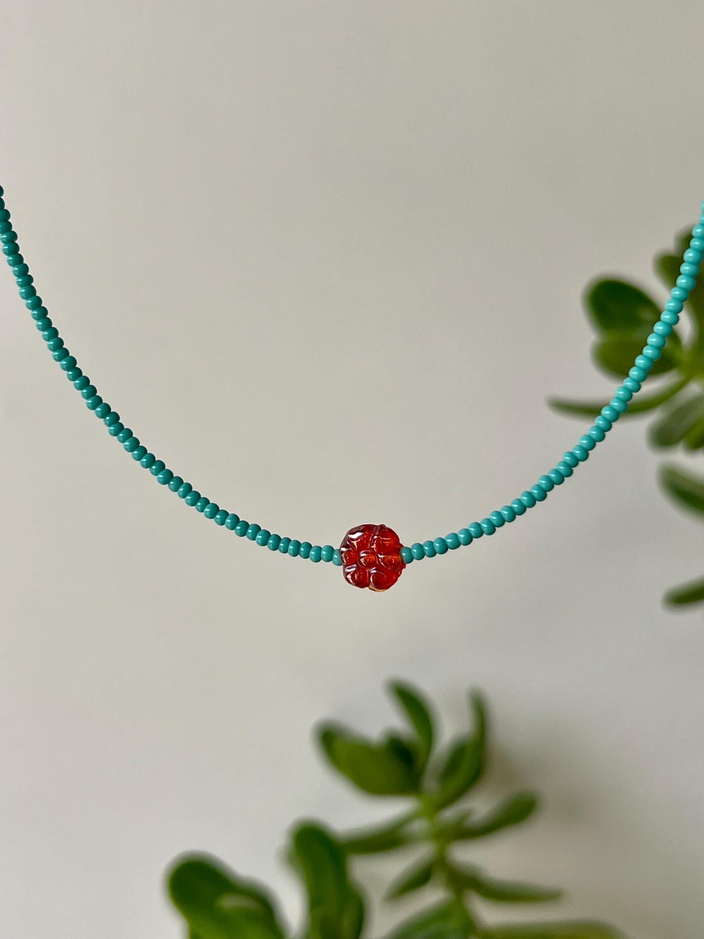 Minimalist Seed Bead Boho Choker Necklace Sterling Silver Magnetic Clasp Eclectic Design Teal Beads w/ Red Glass Flower Statement Bead