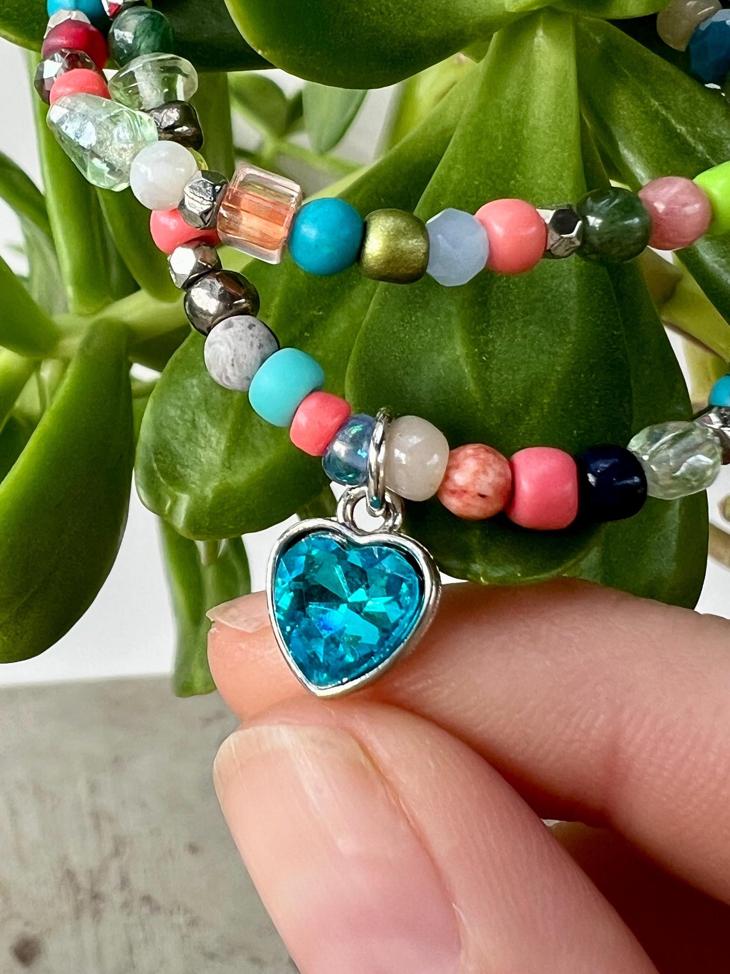 Boho Beaded Choker Necklace Blue Heart Charm Pendant Sterling Silver Magnetic Clasp Eclectic Minimalist Design