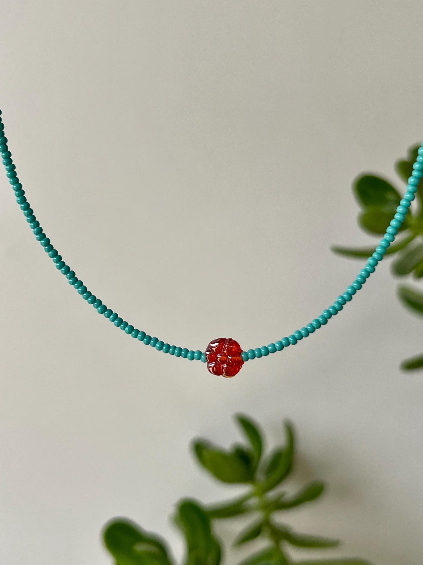 Minimalist Seed Bead Boho Choker Necklace Sterling Silver Magnetic Clasp Eclectic Design Teal Beads w/ Red Glass Flower Statement Bead