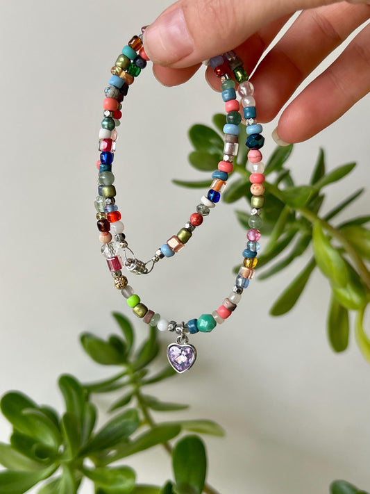 Boho Beaded Choker Necklace Lavender Heart Charm Pendant Sterling Silver Magnetic Clasp Eclectic Minimalist Design