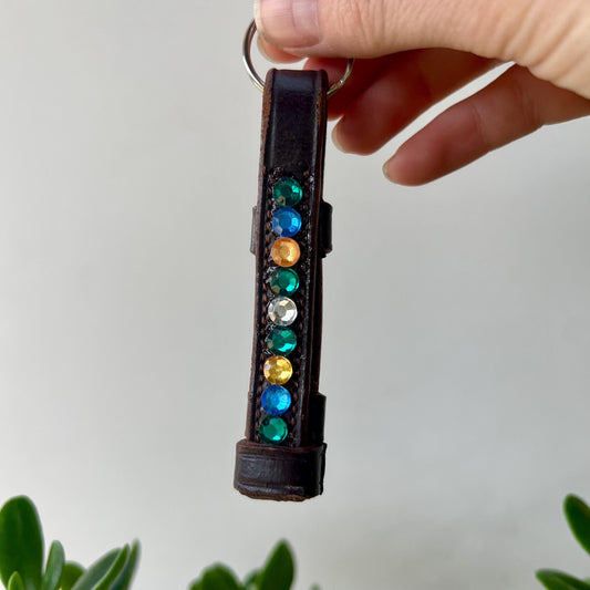 Leather Keychain Equestrian Gift Cowgirl Western English Reclaimed Leather Goods Blue Green Orange White Rhinestone Keyring