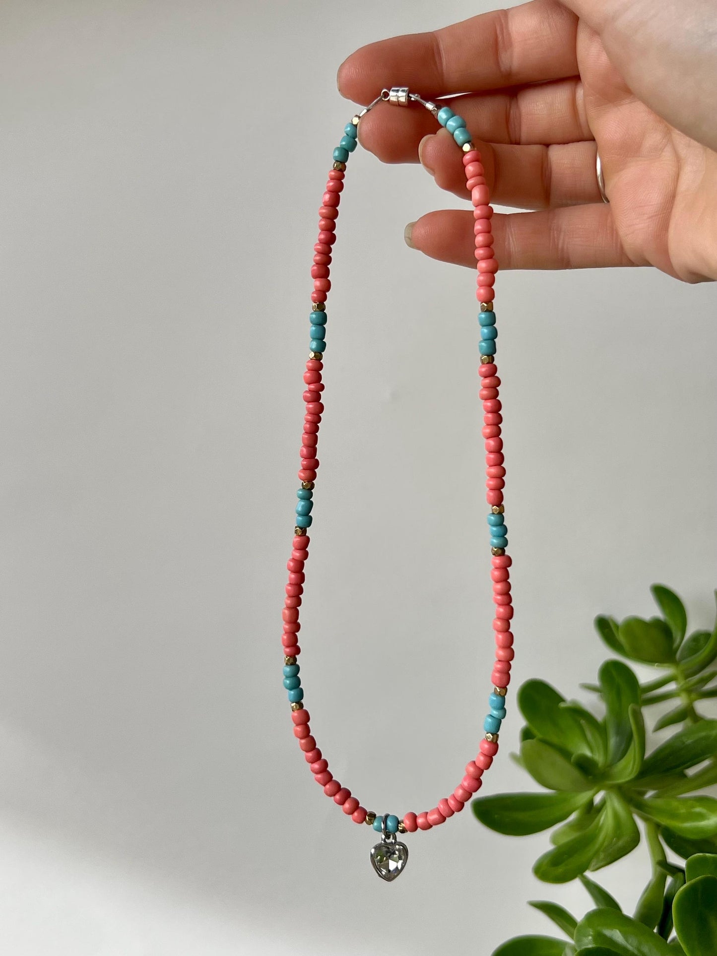 Coral Heart Charm Choker Necklace Sterling Silver Magnetic Closure Necklace Minimalist Boho Style