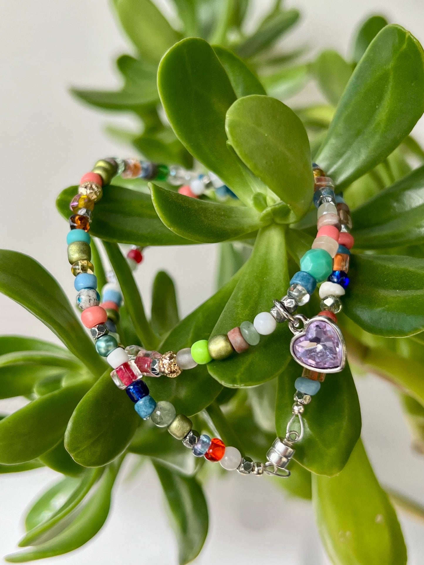 Boho Beaded Choker Necklace Lavender Heart Charm Pendant Sterling Silver Magnetic Clasp Eclectic Minimalist Design
