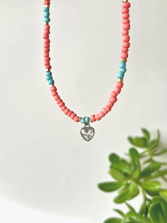 Coral Heart Charm Choker Necklace Sterling Silver Magnetic Closure Necklace Minimalist Boho Style