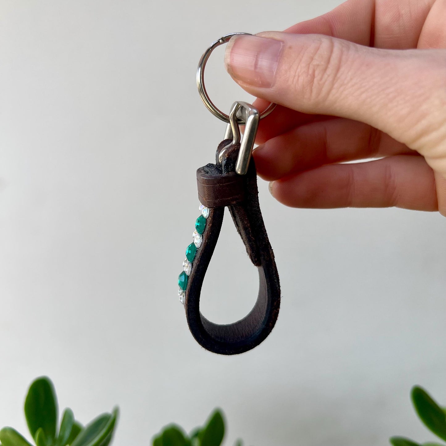 Leather Keychain Equestrian Gift Cowgirl Western Reclaimed Leather Goods Teal White Rhinestone Keyring