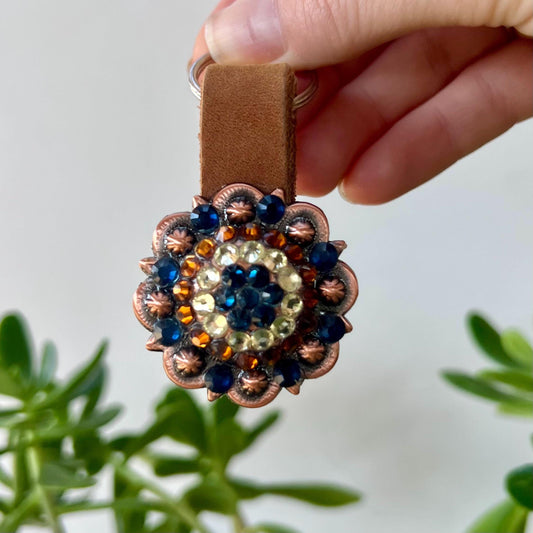 Western Leather Keychain Equestrian Cowgirl Gift Reclaimed Leather Goods Blue White Orange Rhinestone Keyring