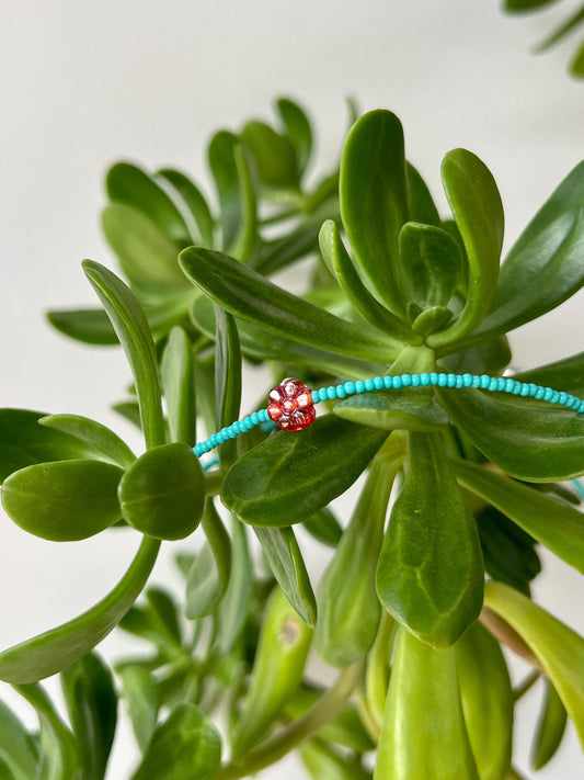 Minimalist Seed Bead Boho Choker Necklace Sterling Silver Magnetic Clasp Eclectic Design Teal Beads w/ Red Glass Flower Statement Bead