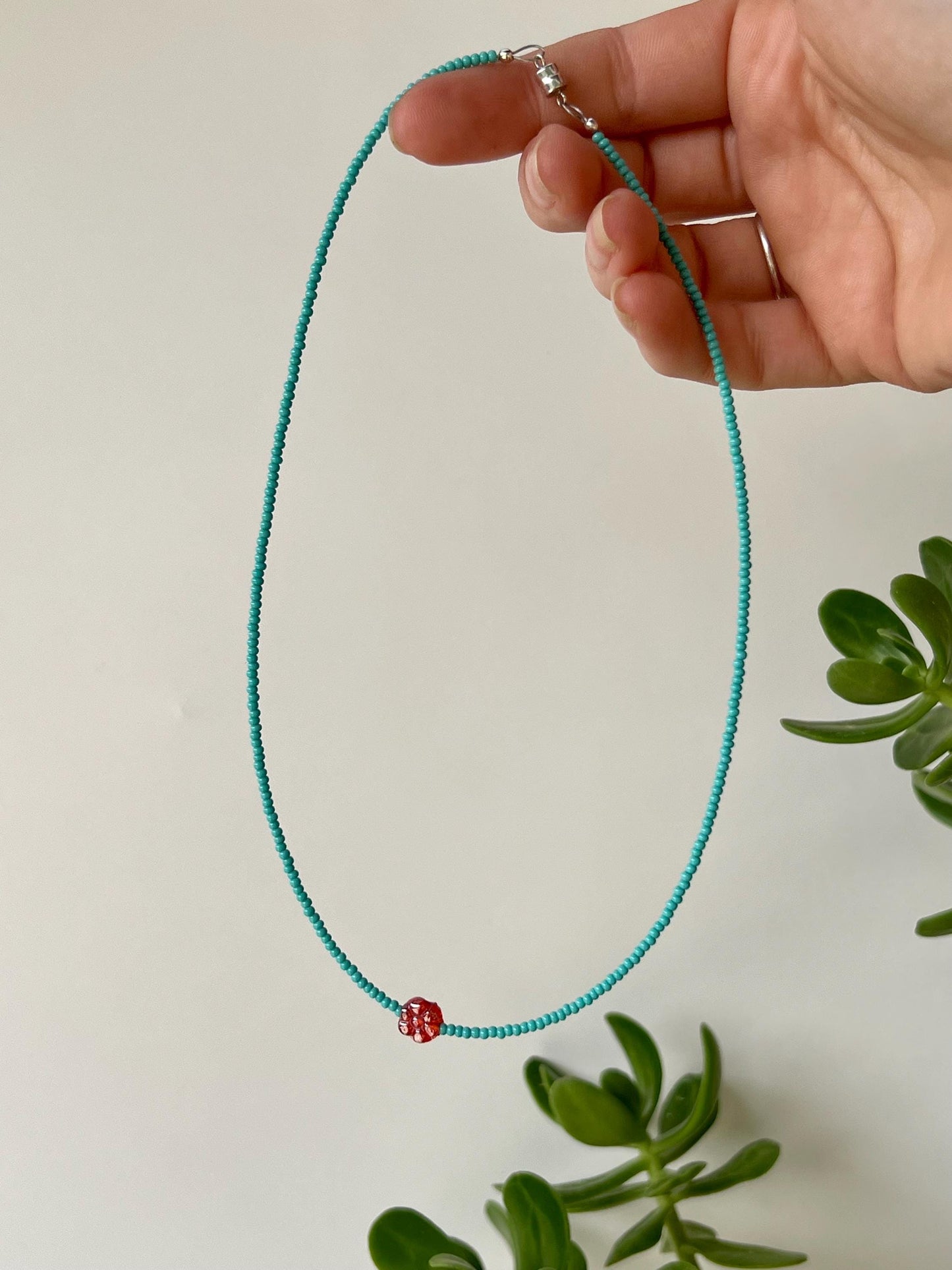 Minimalist Seed Bead Boho Choker Necklace Sterling Silver Magnetic Clasp Eclectic Design Teal Beads w/ Red Glass Flower Statement Bead