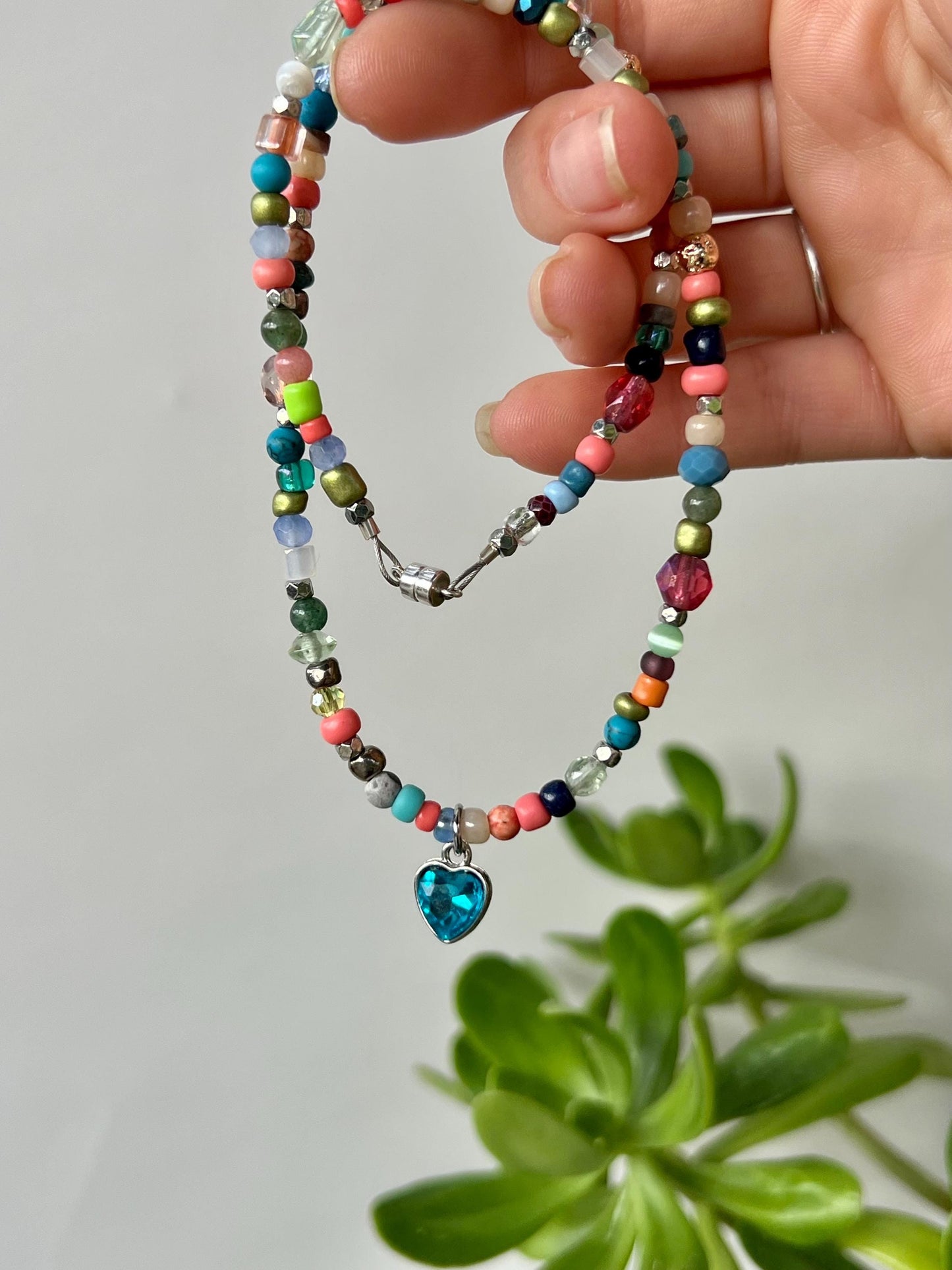 Boho Beaded Choker Necklace Blue Heart Charm Pendant Sterling Silver Magnetic Clasp Eclectic Minimalist Design