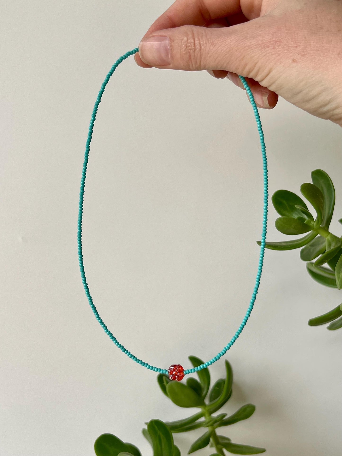 Minimalist Seed Bead Boho Choker Necklace Sterling Silver Magnetic Clasp Eclectic Design Teal Beads w/ Red Glass Flower Statement Bead