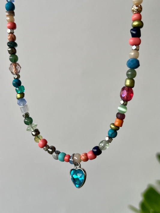 Boho Beaded Choker Necklace Blue Heart Charm Pendant Sterling Silver Magnetic Clasp Eclectic Minimalist Design