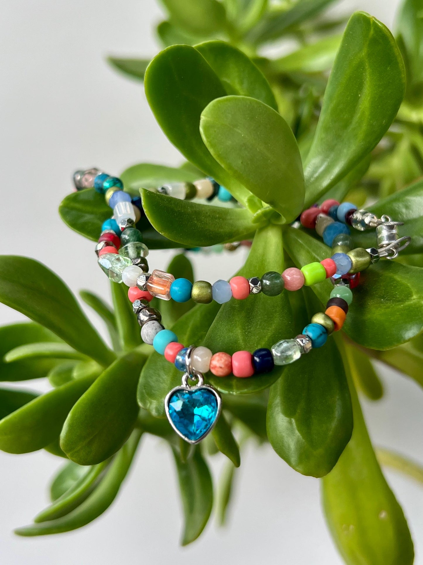 Boho Beaded Choker Necklace Blue Heart Charm Pendant Sterling Silver Magnetic Clasp Eclectic Minimalist Design