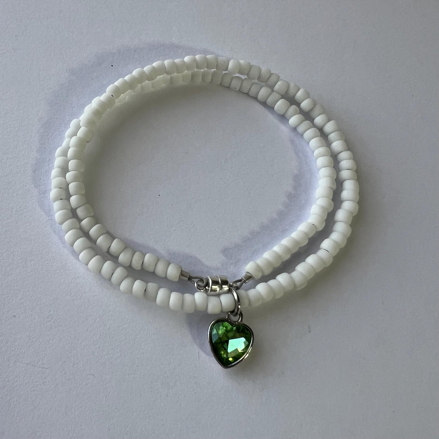 Green Heart Matte White Seed Bead Choker Necklace w/ Sterling Silver Magnetic Clasp