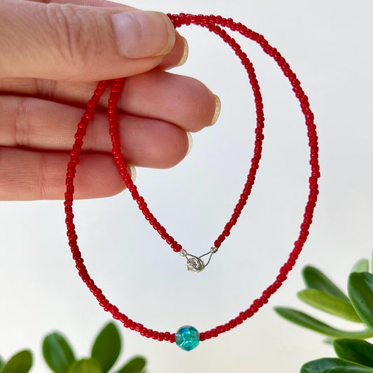 Boho Choker Necklace Sterling Silver Magnetic Clasp Eclectic Minimalist Design Red Seed Beads w/ Teal Glass Statement Bead