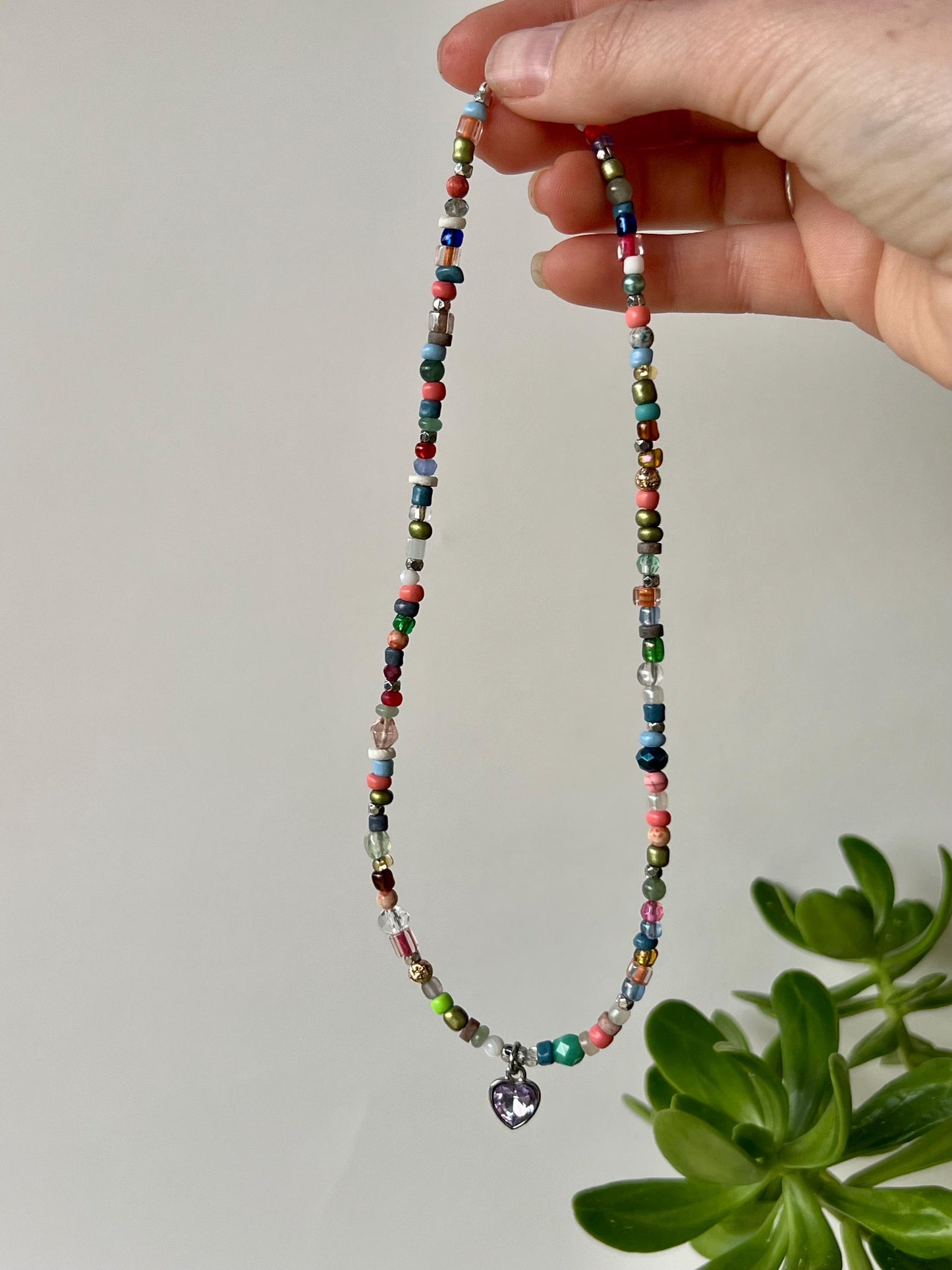 Boho Beaded Choker Necklace Lavender Heart Charm Pendant Sterling Silver Magnetic Clasp Eclectic Minimalist Design