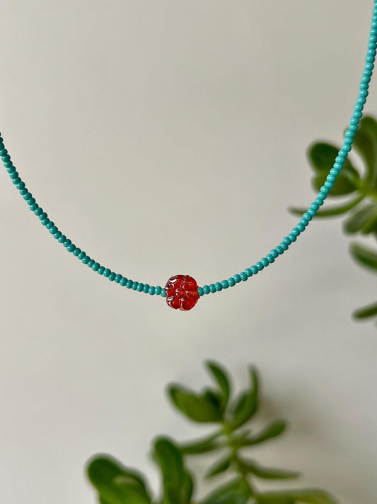 Minimalist Seed Bead Boho Choker Necklace Sterling Silver Magnetic Clasp Eclectic Design Teal Beads w/ Red Glass Flower Statement Bead