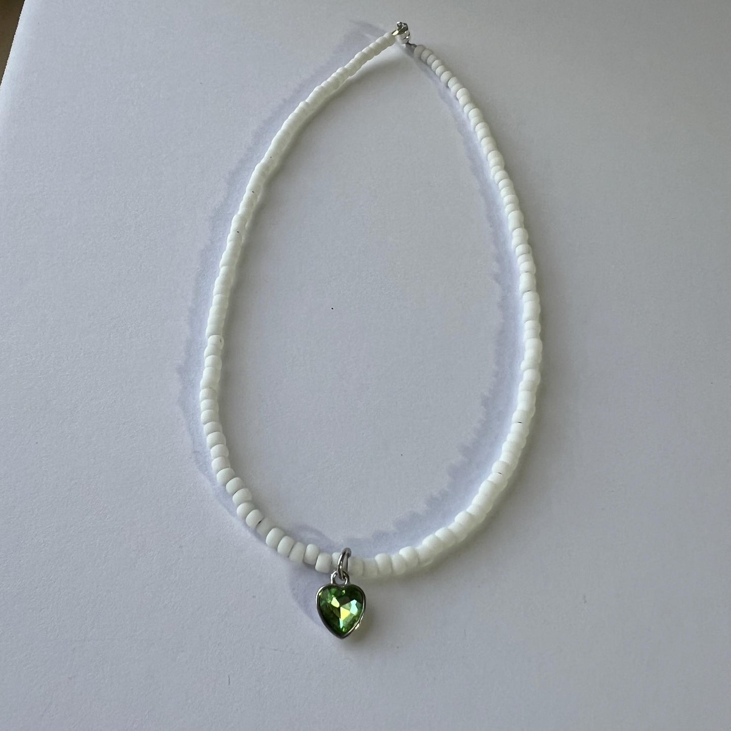 Green Heart Matte White Seed Bead Choker Necklace w/ Sterling Silver Magnetic Clasp