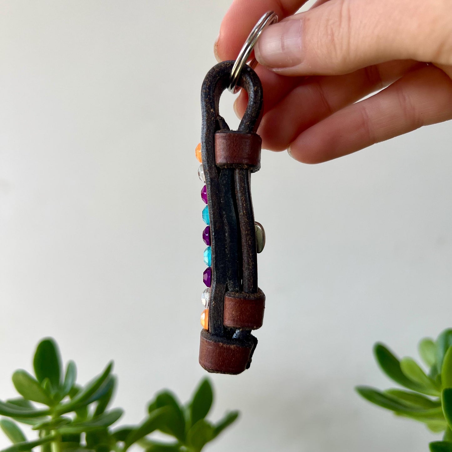 Leather Keychain Equestrian Gift Cowgirl Western English Reclaimed Leather Goods Peach Purple Aqua White Rhinestone Keyring
