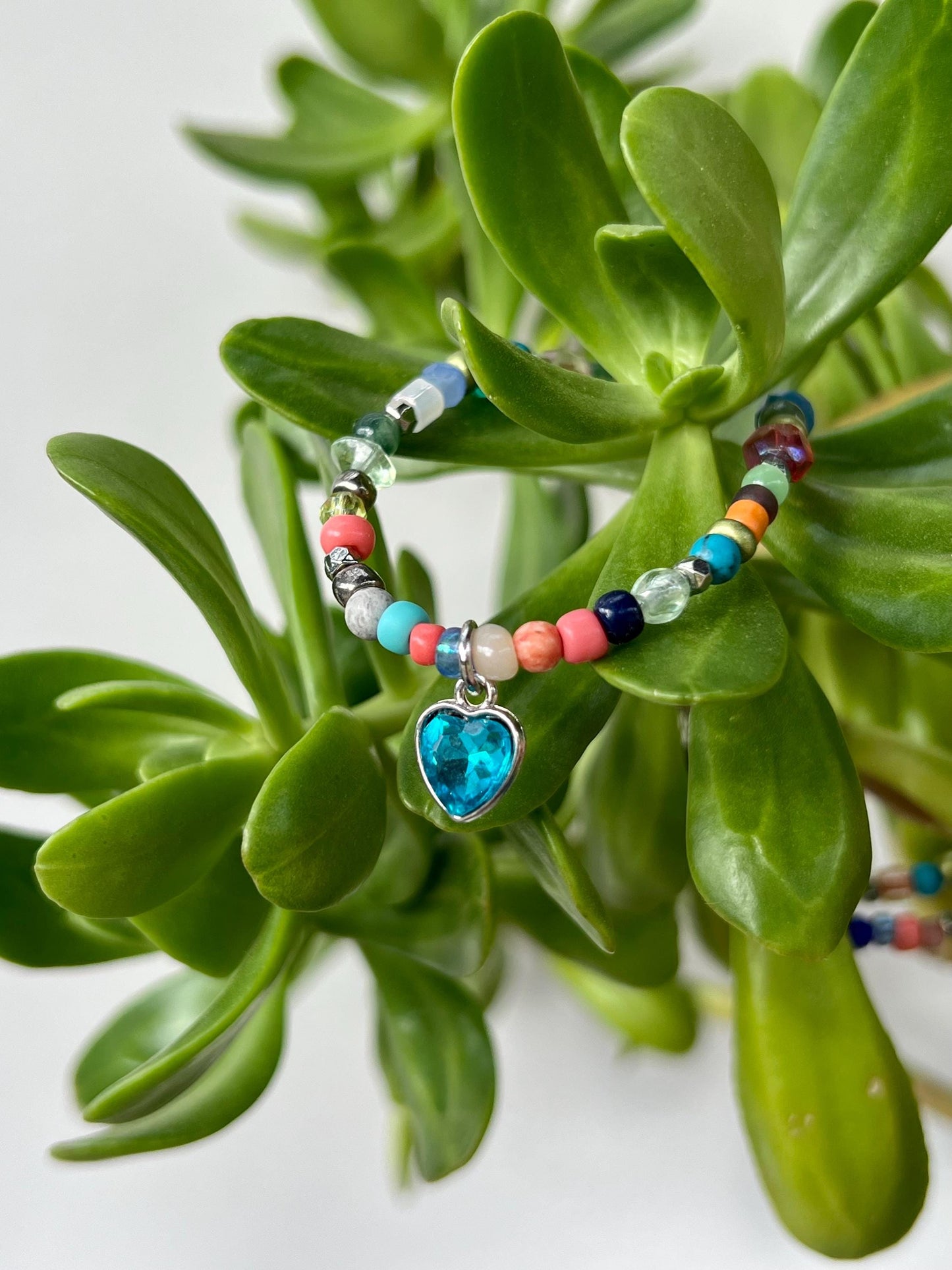 Boho Beaded Choker Necklace Blue Heart Charm Pendant Sterling Silver Magnetic Clasp Eclectic Minimalist Design