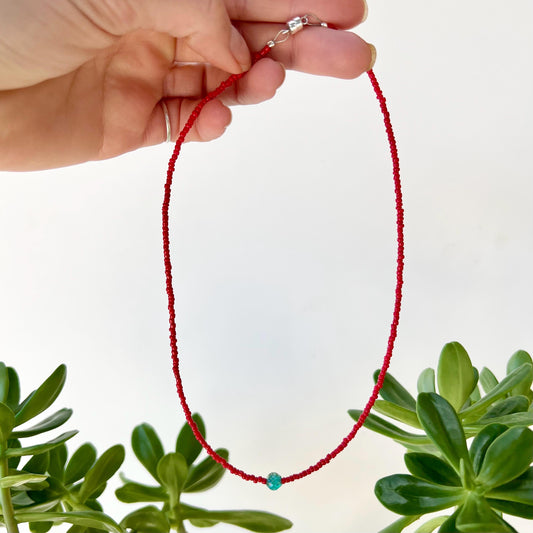 Boho Choker Necklace Sterling Silver Magnetic Clasp Eclectic Minimalist Design Red Seed Beads w/ Teal Glass Statement Bead