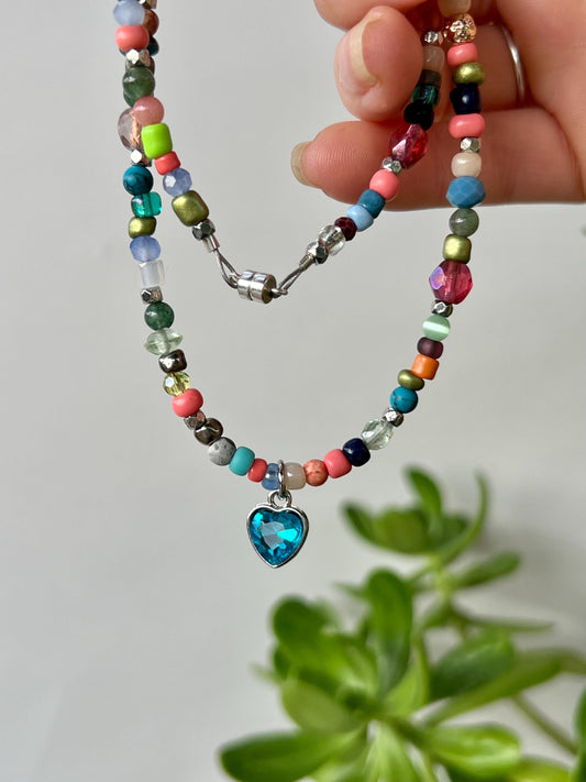 Boho Beaded Choker Necklace Blue Heart Charm Pendant Sterling Silver Magnetic Clasp Eclectic Minimalist Design