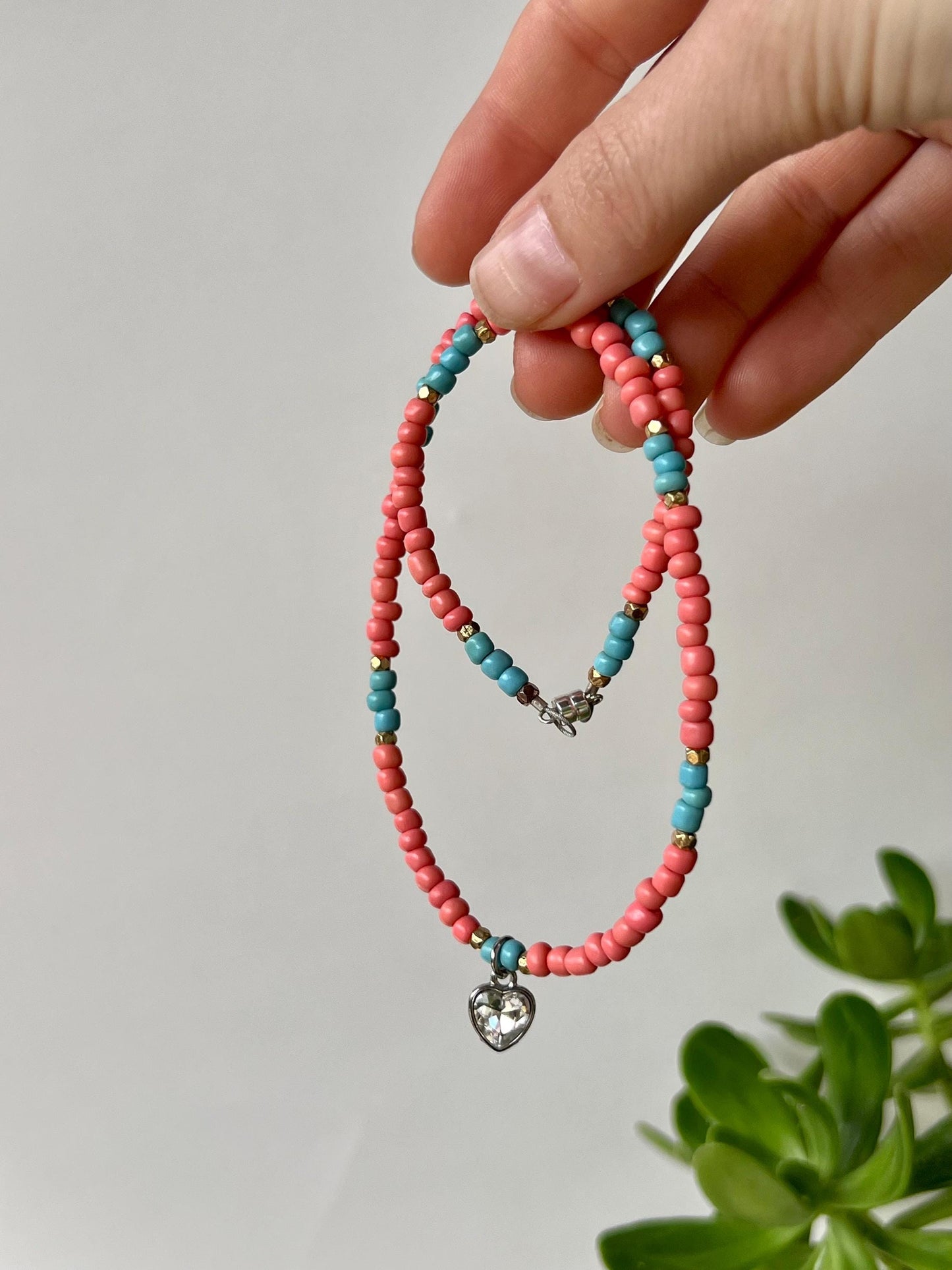 Coral Heart Charm Choker Necklace Sterling Silver Magnetic Closure Necklace Minimalist Boho Style