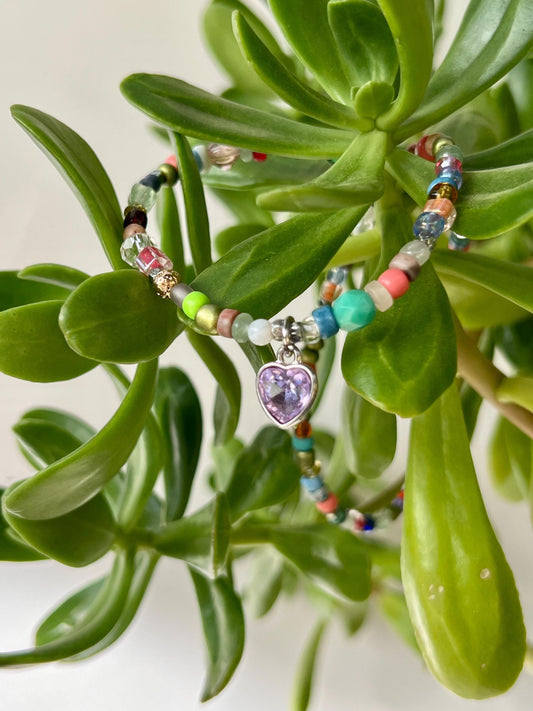 Boho Beaded Choker Necklace Lavender Heart Charm Pendant Sterling Silver Magnetic Clasp Eclectic Minimalist Design