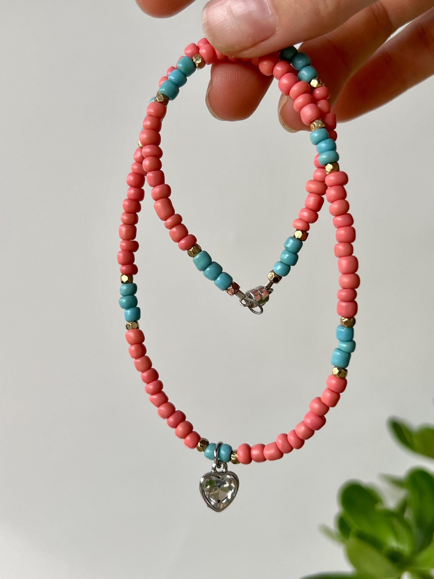 Coral Heart Charm Choker Necklace Sterling Silver Magnetic Closure Necklace Minimalist Boho Style