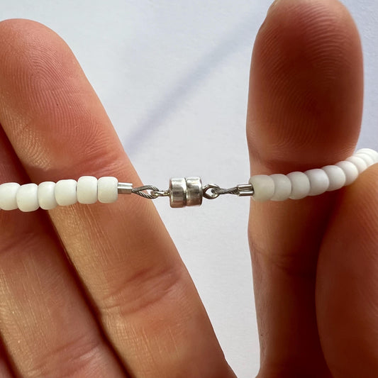 Green Heart Matte White Seed Bead Choker Necklace w/ Sterling Silver Magnetic Clasp