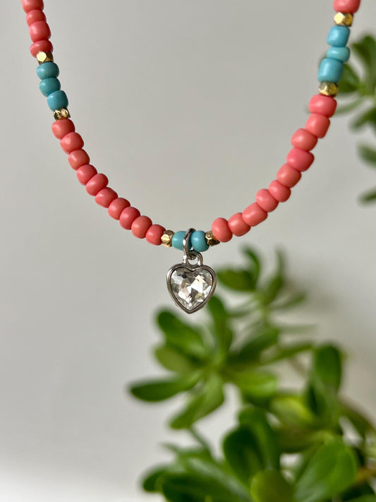 Coral Heart Charm Choker Necklace Sterling Silver Magnetic Closure Necklace Minimalist Boho Style