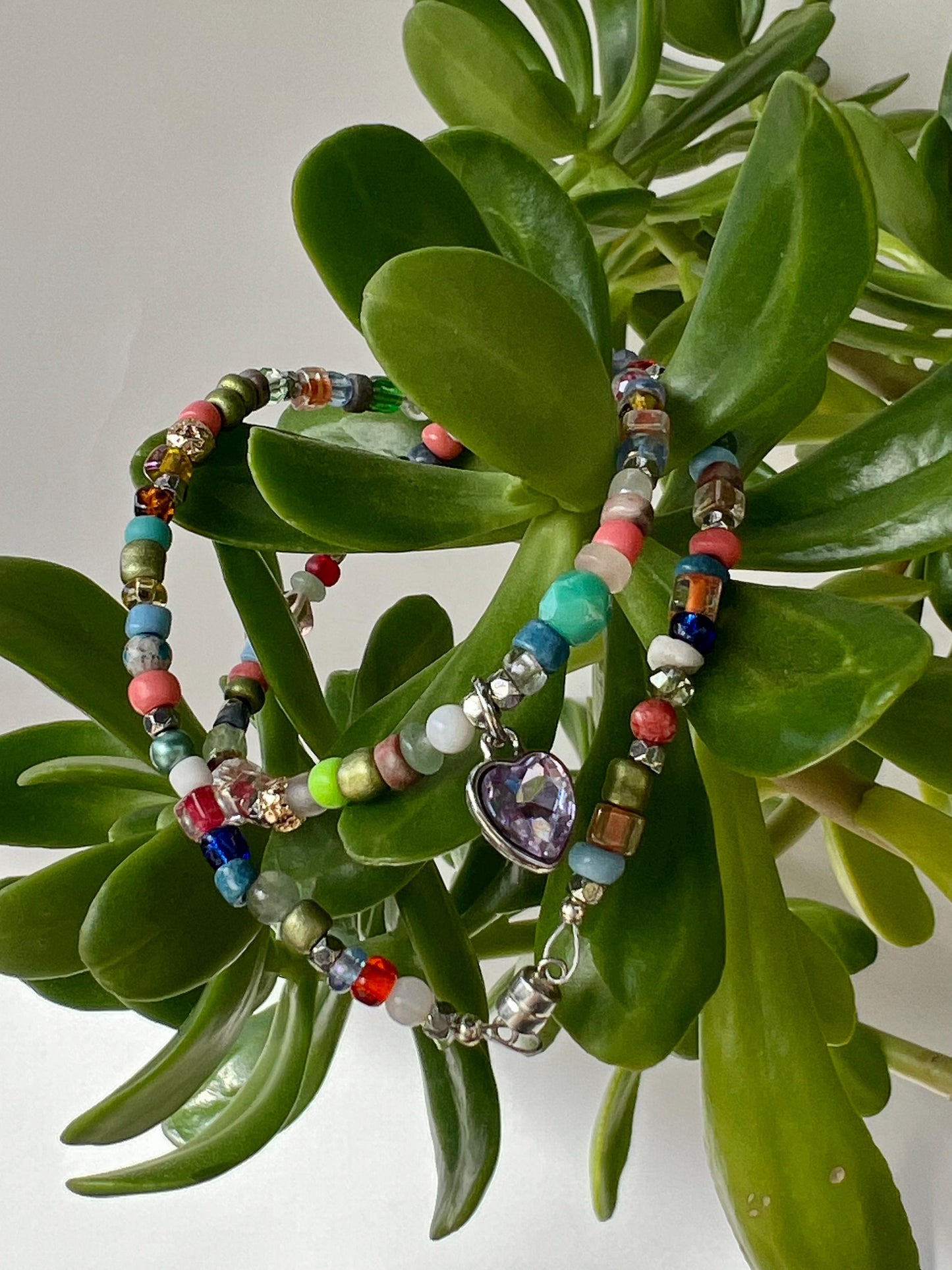 Boho Beaded Choker Necklace Lavender Heart Charm Pendant Sterling Silver Magnetic Clasp Eclectic Minimalist Design