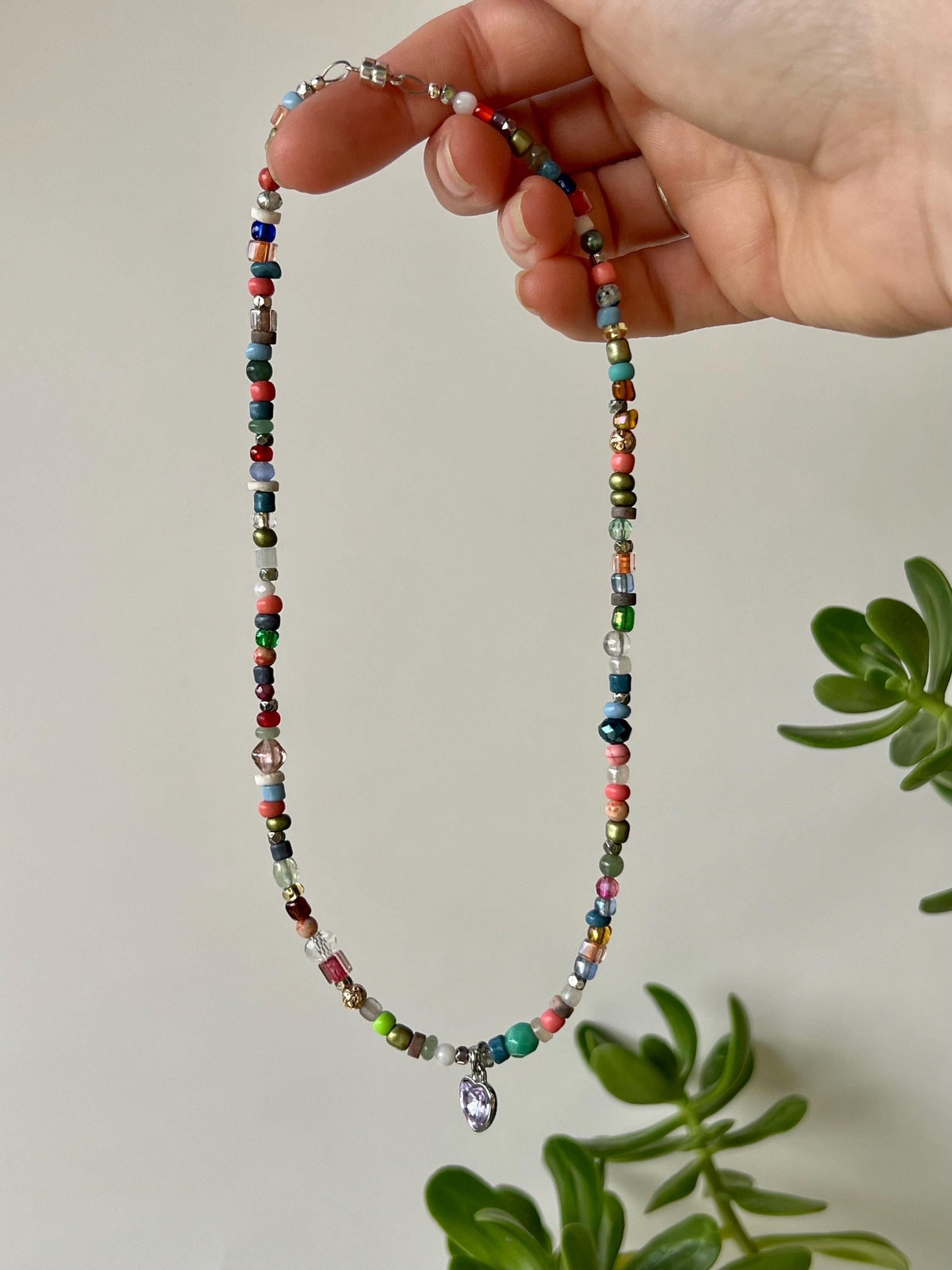 Boho Beaded Choker Necklace Lavender Heart Charm Pendant Sterling Silver Magnetic Clasp Eclectic Minimalist Design