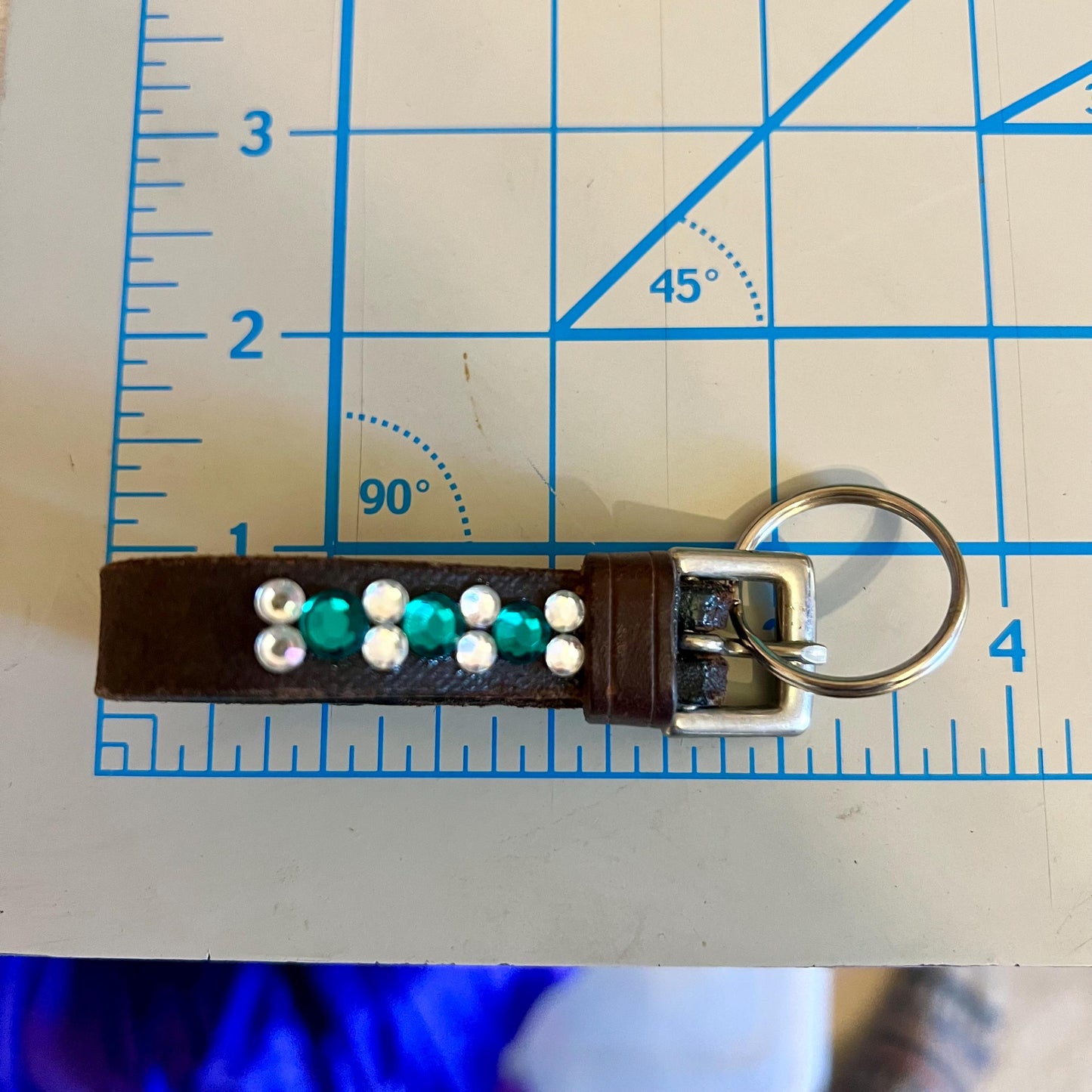 Leather Keychain Equestrian Gift Cowgirl Western Reclaimed Leather Goods Teal White Rhinestone Keyring