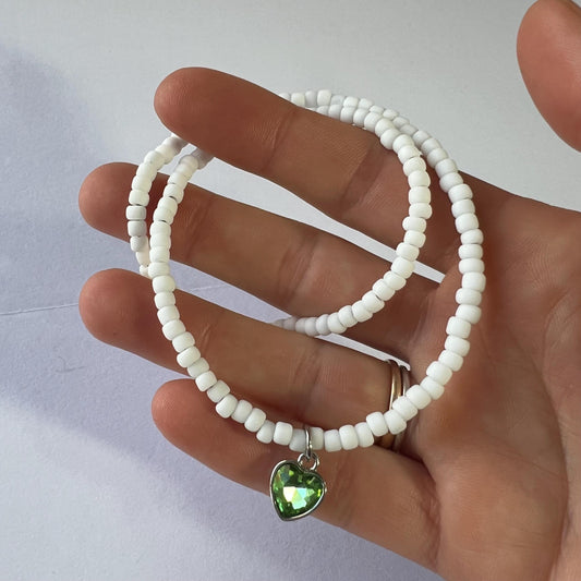 Green Heart Matte White Seed Bead Choker Necklace w/ Sterling Silver Magnetic Clasp