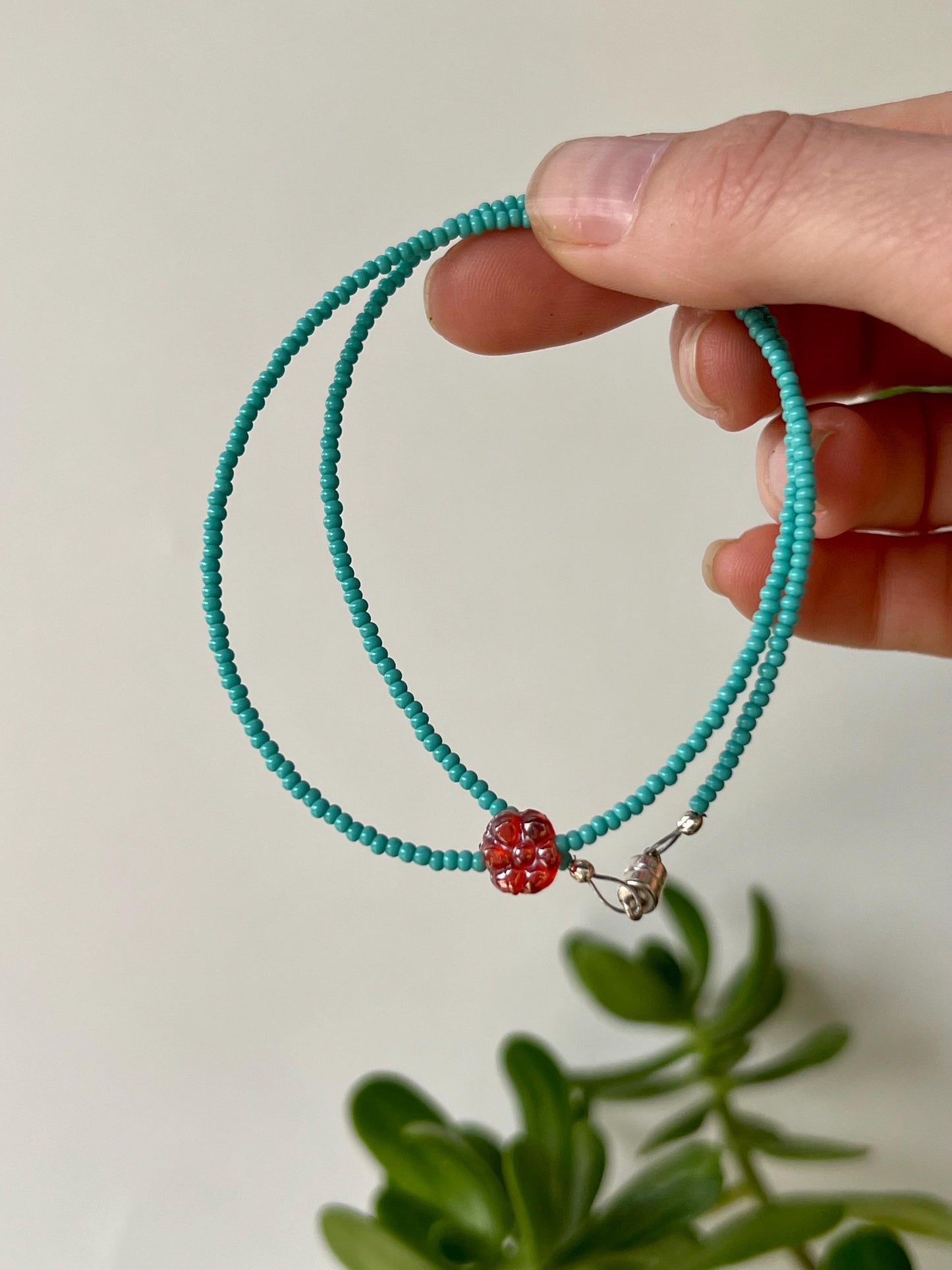 Minimalist Seed Bead Boho Choker Necklace Sterling Silver Magnetic Clasp Eclectic Design Teal Beads w/ Red Glass Flower Statement Bead