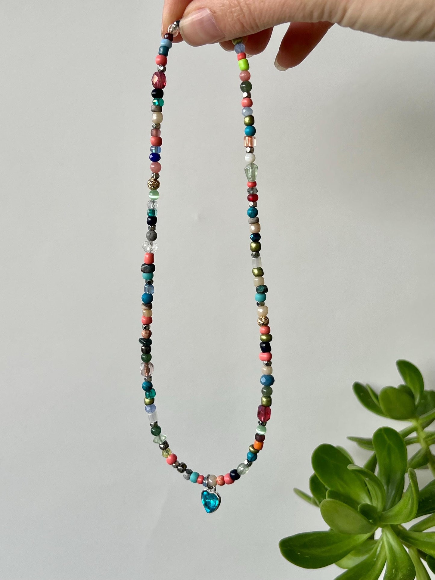 Boho Beaded Choker Necklace Blue Heart Charm Pendant Sterling Silver Magnetic Clasp Eclectic Minimalist Design