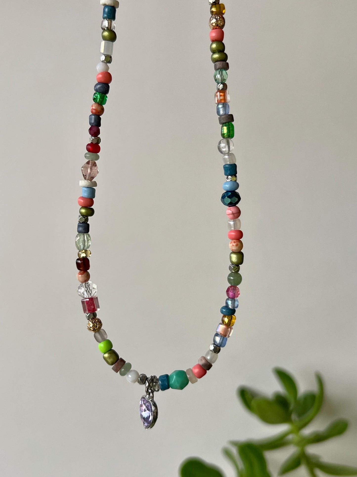 Boho Beaded Choker Necklace Lavender Heart Charm Pendant Sterling Silver Magnetic Clasp Eclectic Minimalist Design