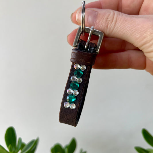 Leather Keychain Equestrian Gift Cowgirl Western Reclaimed Leather Goods Teal White Rhinestone Keyring