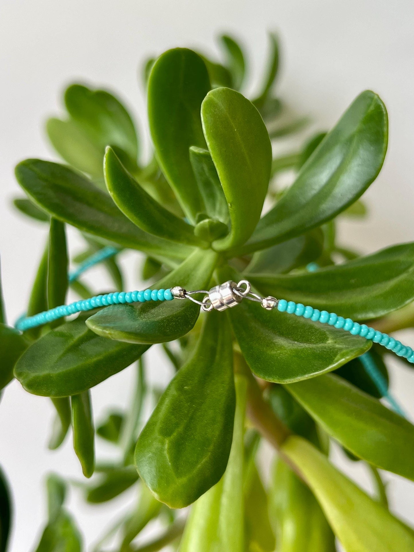 Minimalist Seed Bead Boho Choker Necklace Sterling Silver Magnetic Clasp Eclectic Design Teal Beads w/ Red Glass Flower Statement Bead